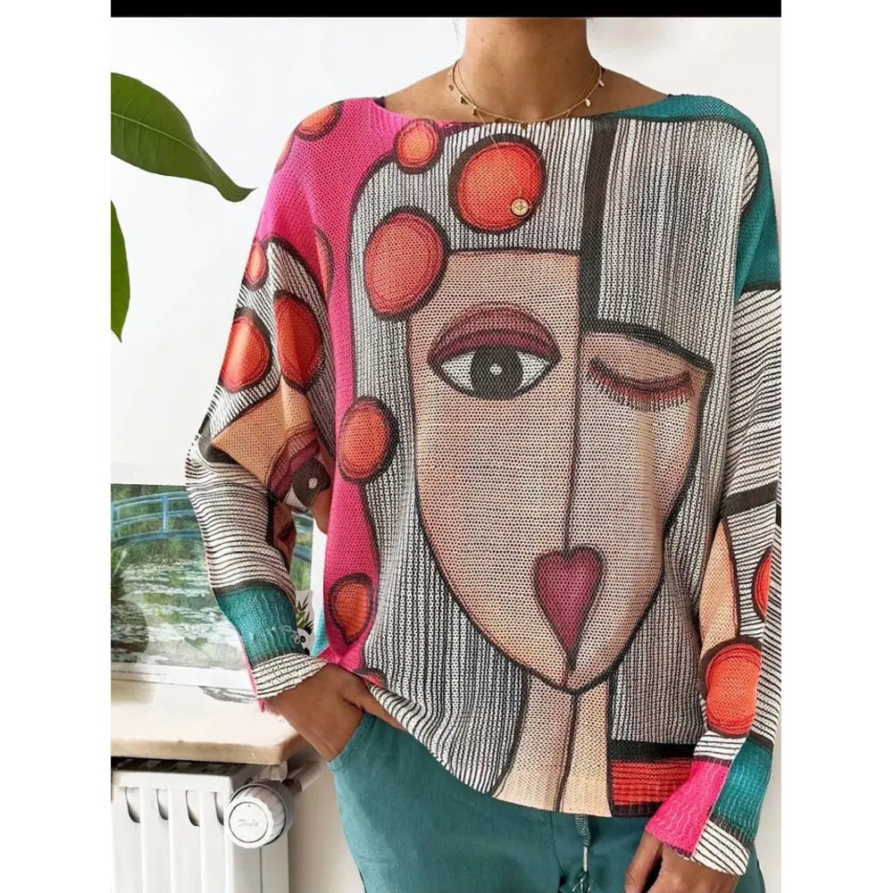 L80 Loowie Serene Faces Printed Knit Sweater | Round Neck | One Size S-L